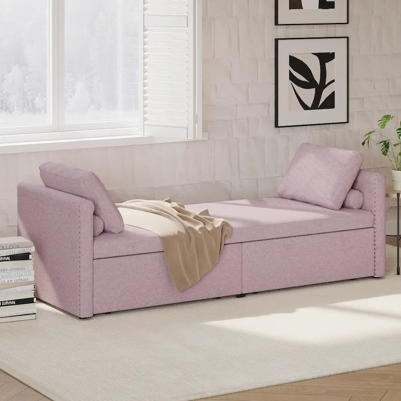 Upholstered Chaise Daybed with 2 Drawers and Pillows, Compact Lounger for Living Room, Linen Fabric