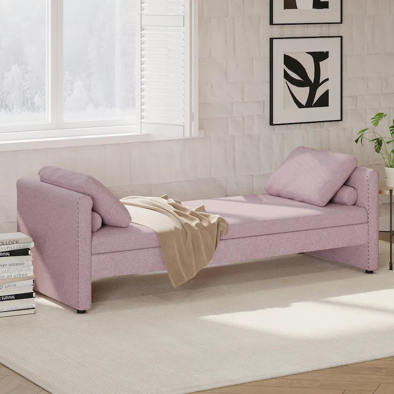 Kárpitozott chaise longue heverő 2 fiókkal és párnákkal, kompakt pihenőkanapé nappaliba, lenvászon szövetből