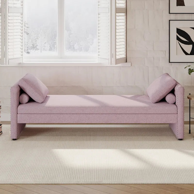 Upholstered Chaise Daybed with 2 Drawers and Pillows, Compact Lounger for Living Room, Linen Fabric