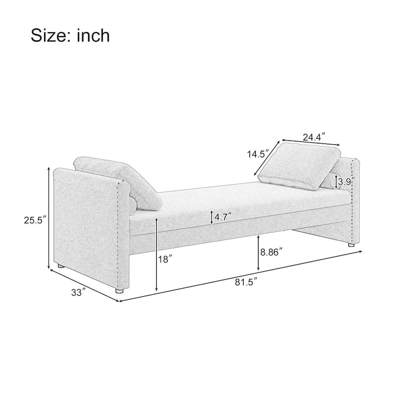 Kárpitozott chaise longue heverő 2 fiókkal és párnákkal, kompakt pihenőkanapé nappaliba, lenvászon szövetből