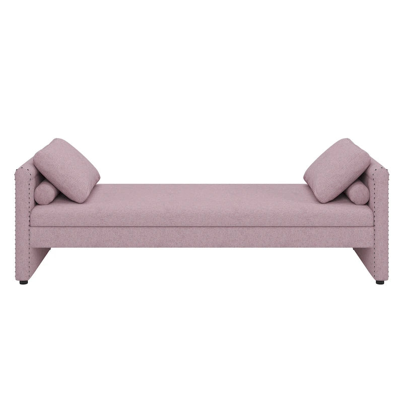 Kárpitozott chaise longue heverő 2 fiókkal és párnákkal, kompakt pihenőkanapé nappaliba, lenvászon szövetből