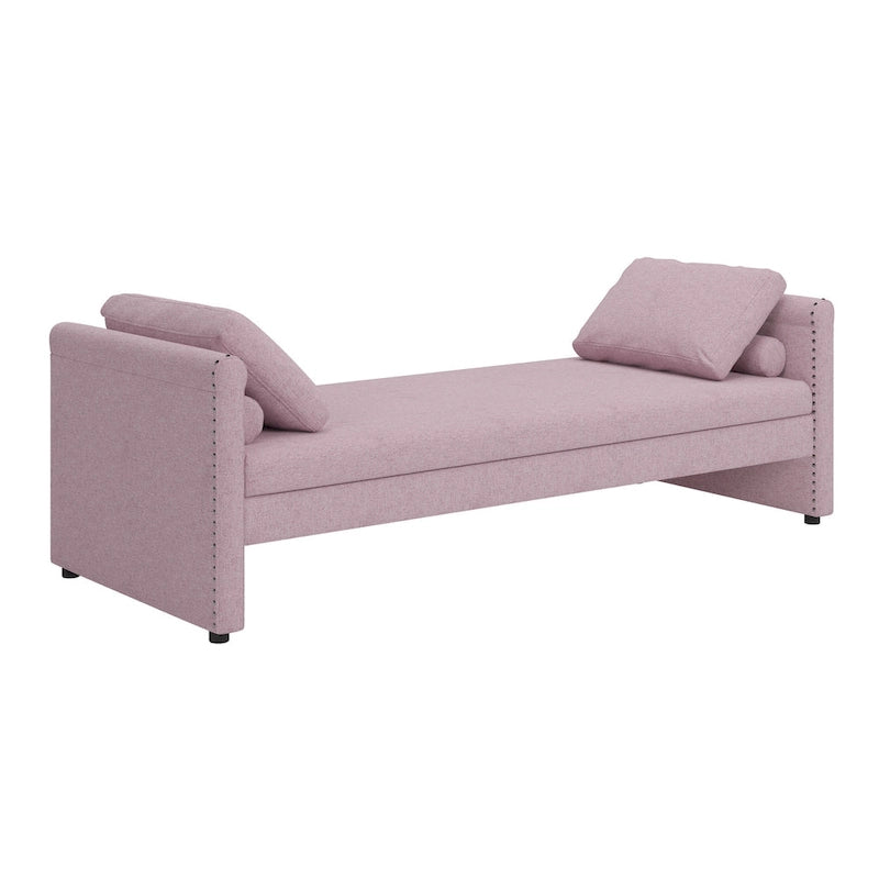 Kárpitozott chaise longue heverő 2 fiókkal és párnákkal, kompakt pihenőkanapé nappaliba, lenvászon szövetből