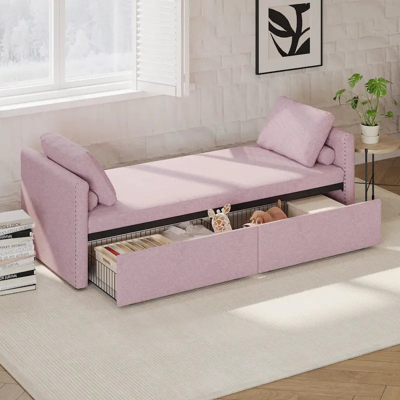Kárpitozott chaise longue heverő 2 fiókkal és párnákkal, kompakt pihenőkanapé nappaliba, lenvászon szövetből