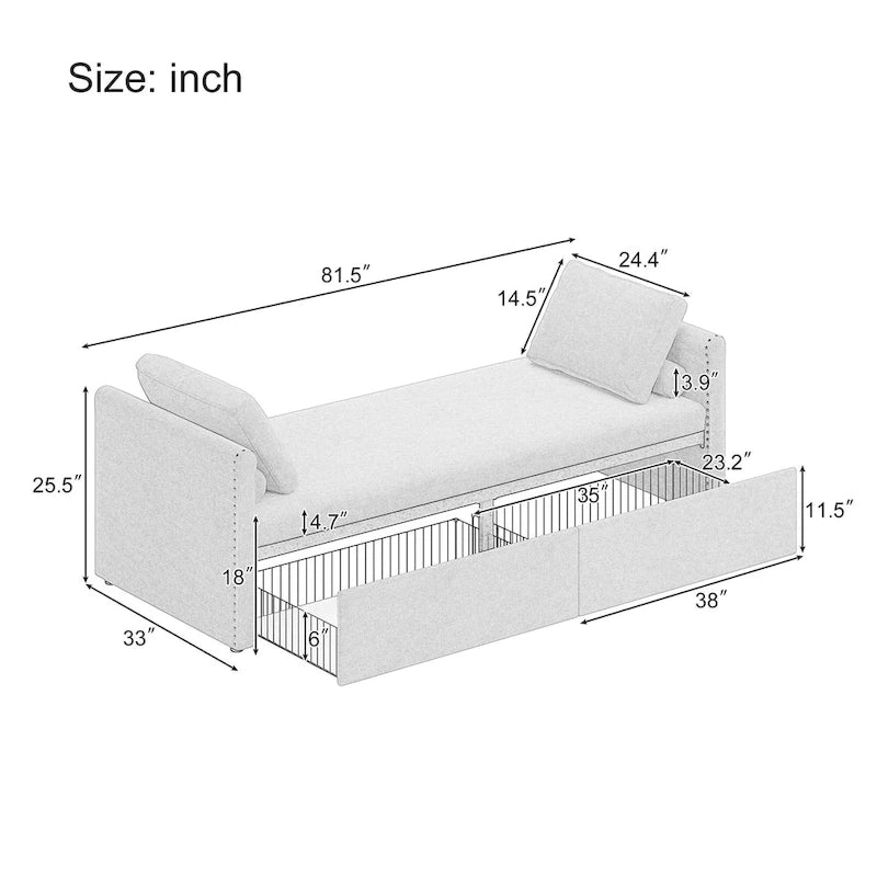 Kárpitozott chaise longue heverő 2 fiókkal és párnákkal, kompakt pihenőkanapé nappaliba, lenvászon szövetből