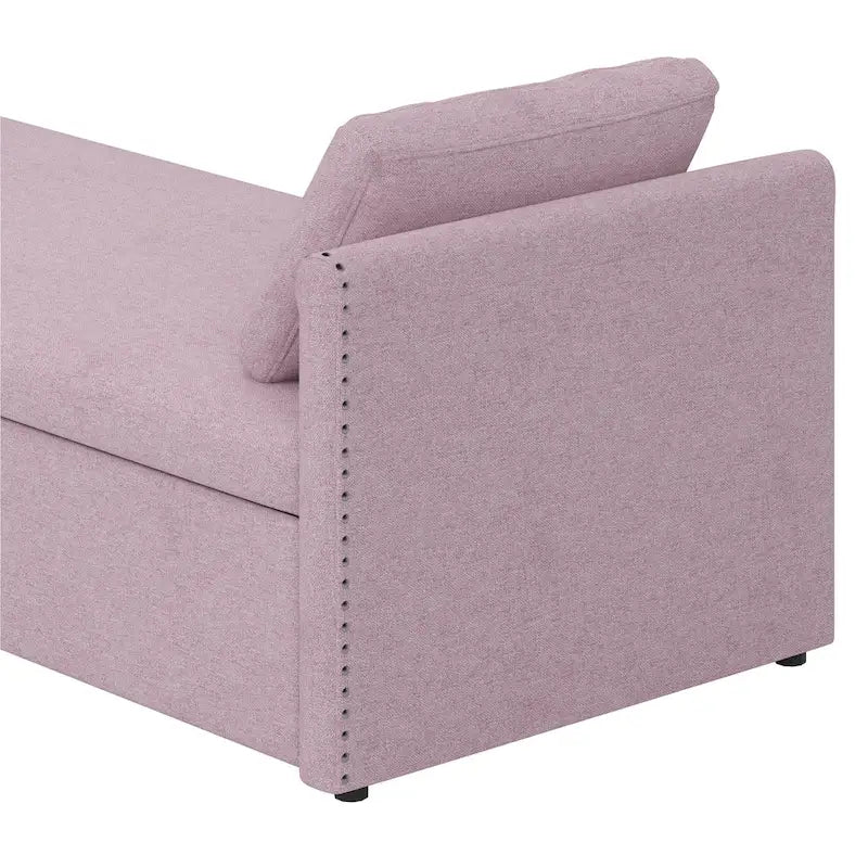Kárpitozott chaise longue heverő 2 fiókkal és párnákkal, kompakt pihenőkanapé nappaliba, lenvászon szövetből