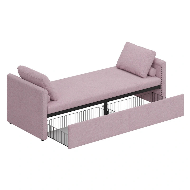 Kárpitozott chaise longue heverő 2 fiókkal és párnákkal, kompakt pihenőkanapé nappaliba, lenvászon szövetből