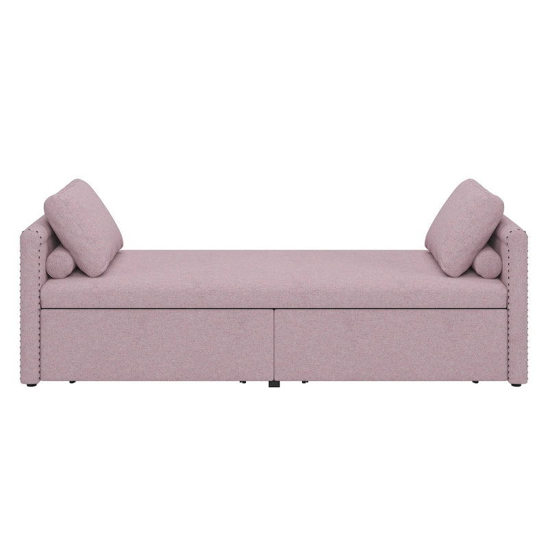 Kárpitozott chaise longue heverő 2 fiókkal és párnákkal, kompakt pihenőkanapé nappaliba, lenvászon szövetből
