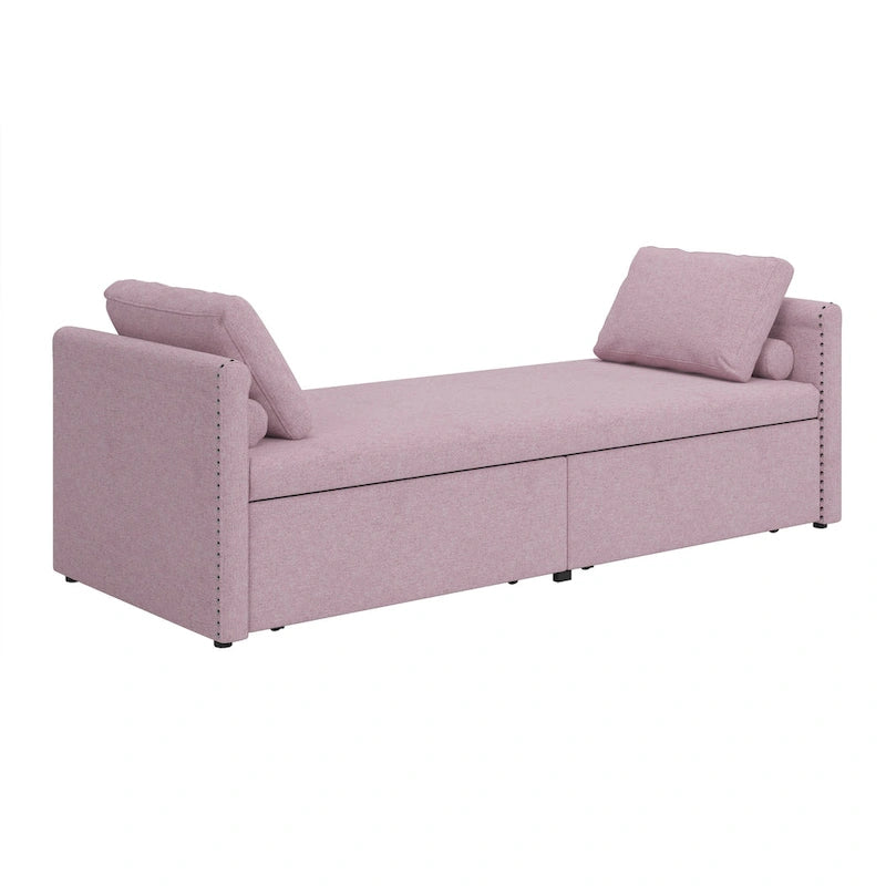 Kárpitozott chaise longue heverő 2 fiókkal és párnákkal, kompakt pihenőkanapé nappaliba, lenvászon szövetből