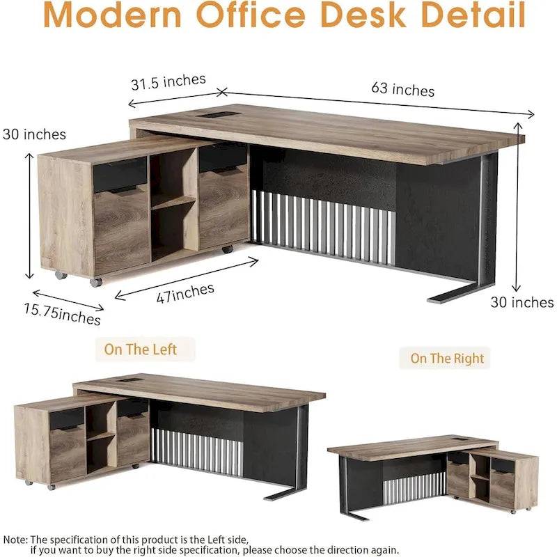63 Inch Executive Office Desk Modern Home Office Desk with File Cabinet