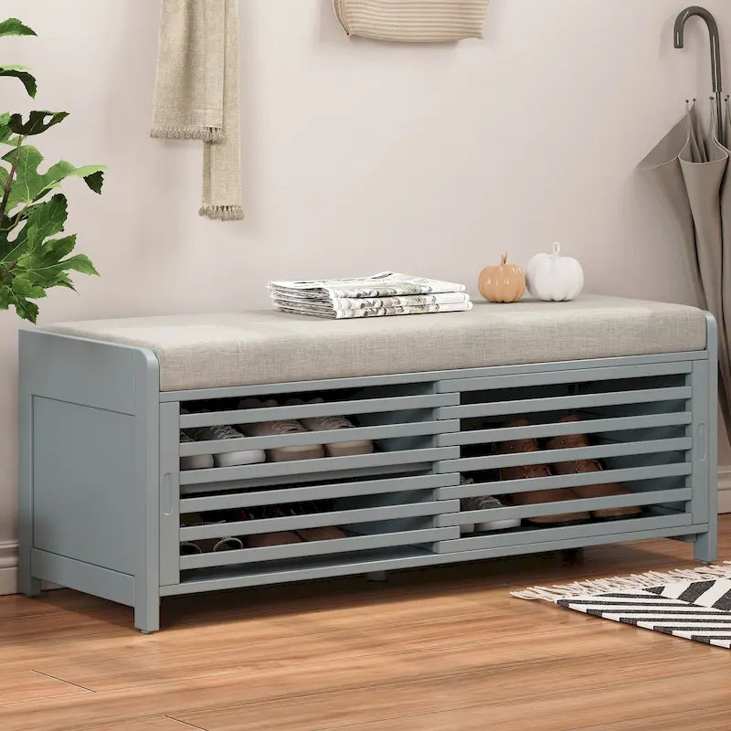 Distressed Shutter Shoe Bench with Storage & Cushion