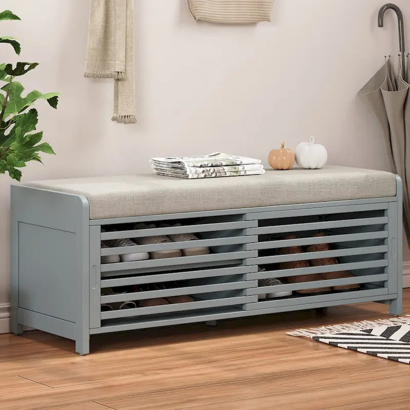 Distressed Shutter Shoe Bench with Storage & Cushion