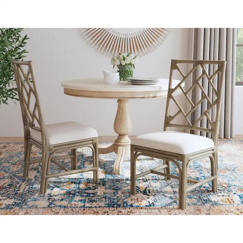 Natural Rattan Handmade Cushioned Dining Chairs Set of 2 Coastal Style