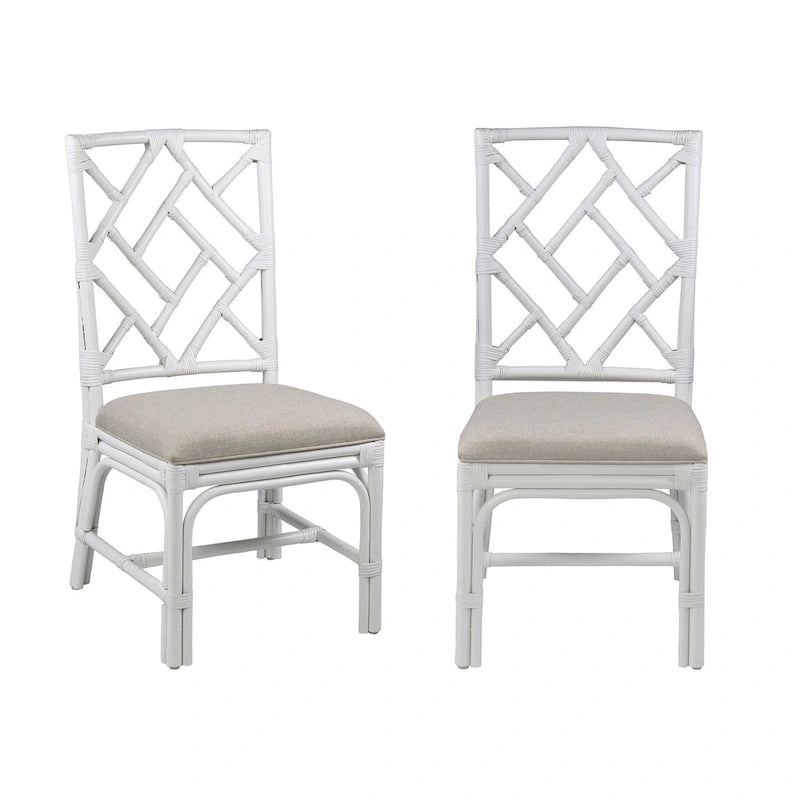 Natural Rattan Handmade Cushioned Dining Chairs Set of 2 Coastal Style