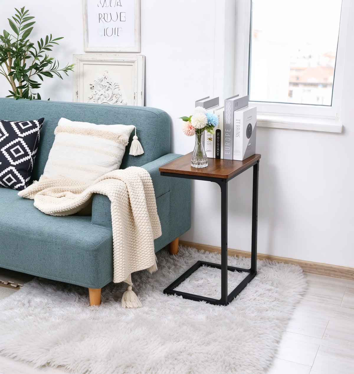 C-Shaped End Table Slim Sofa Side Table with Metal Frame