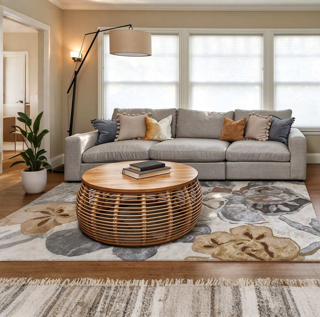 Round Rattan Coffee Table with Natural Honey Finish Coastal Style