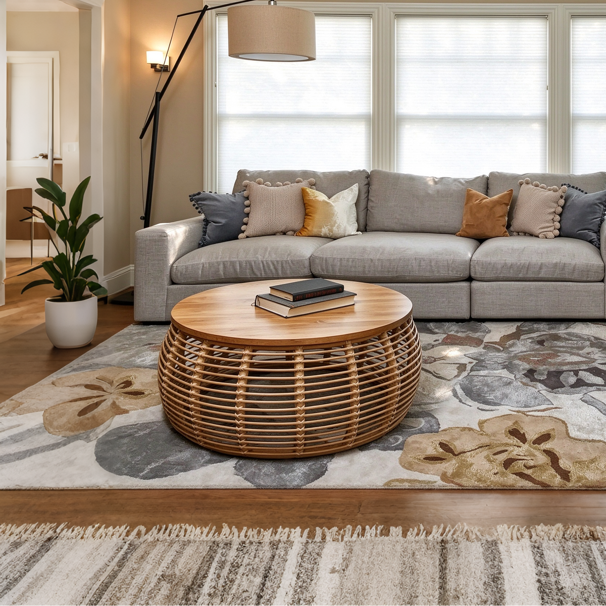 Round Rattan Coffee Table with Natural Honey Finish Coastal Style