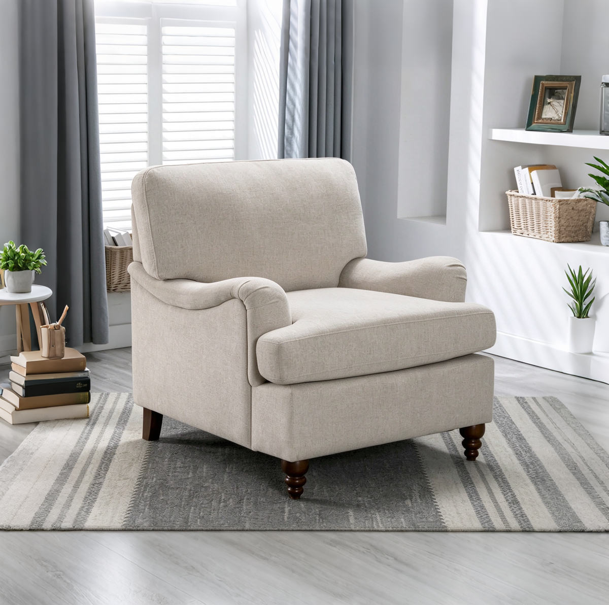 Upholstered Arm Chair with Rolled Arms and Turned Walnut Legs