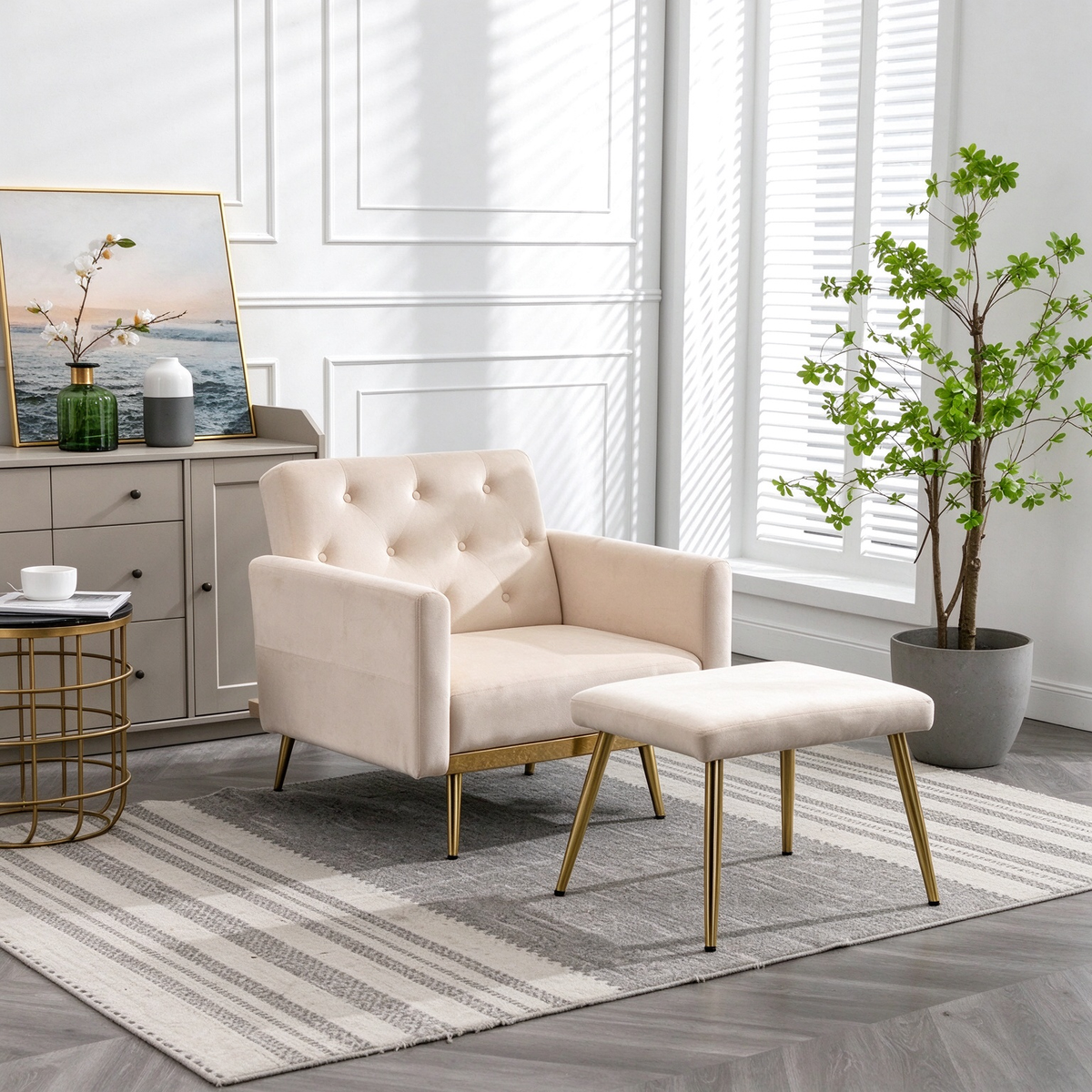 Velvet Accent Chair with Adjustable Armrests and Backrest, Button Tufted Lounge Chair with Ottoman