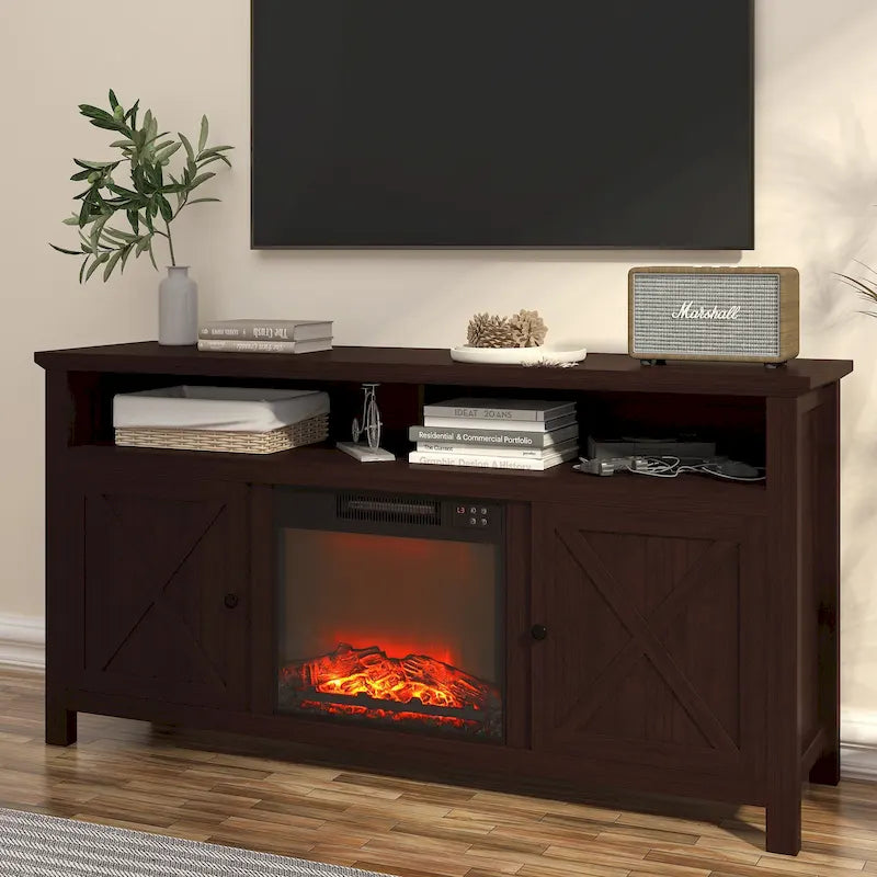 58" Wood Fireplace TV Stand with 18" Electric Fireplace Insert