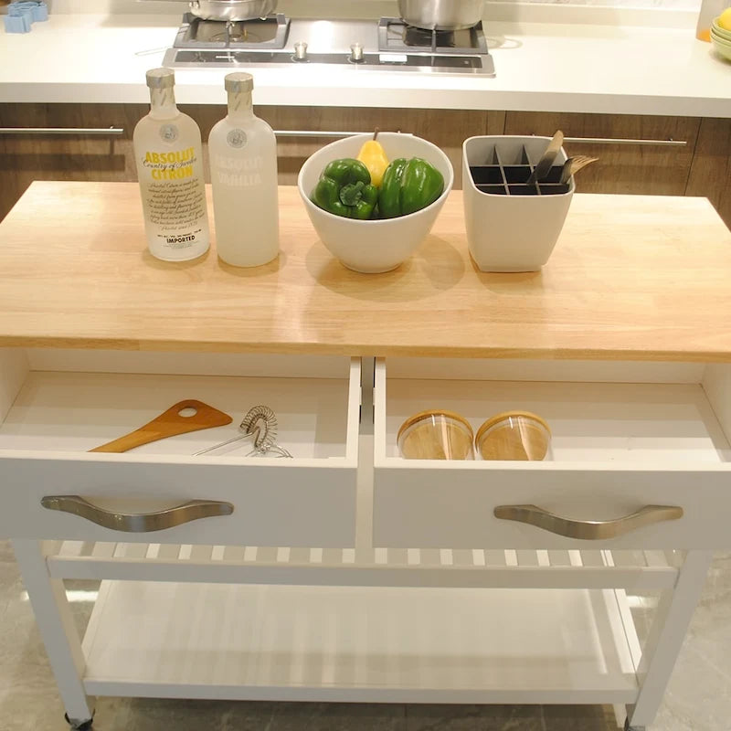 45 Wood Rolling Kitchen Island, Storage Utility Trolley Cart with 2 Drawers and Towel Rack