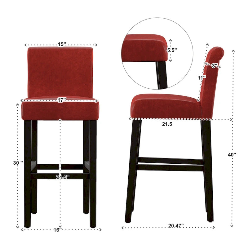 Red Faux Leather High Back Tufted Counter Bar Stools Set of 2
