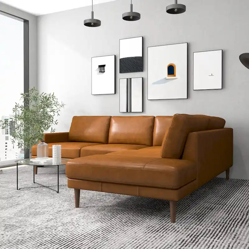 Mid-Century Modern Leather Corner Sectional Couch in Cognac Tan