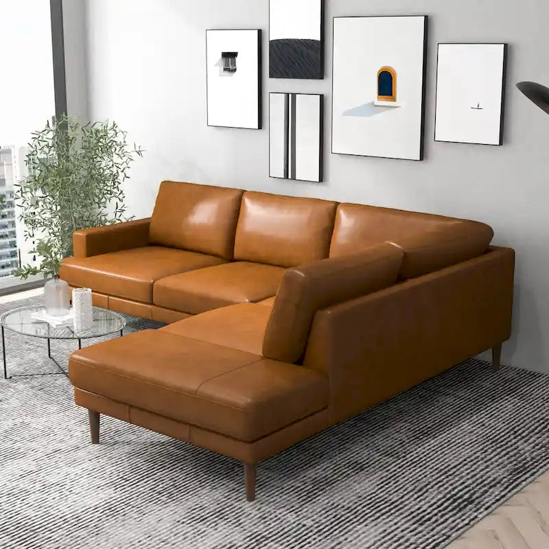 Mid-Century Modern Leather Corner Sectional Couch in Cognac Tan