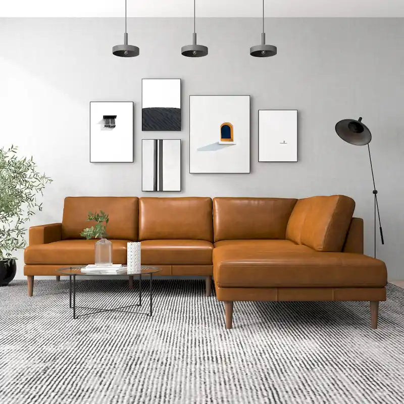Mid-Century Modern Leather Corner Sectional Couch in Cognac Tan