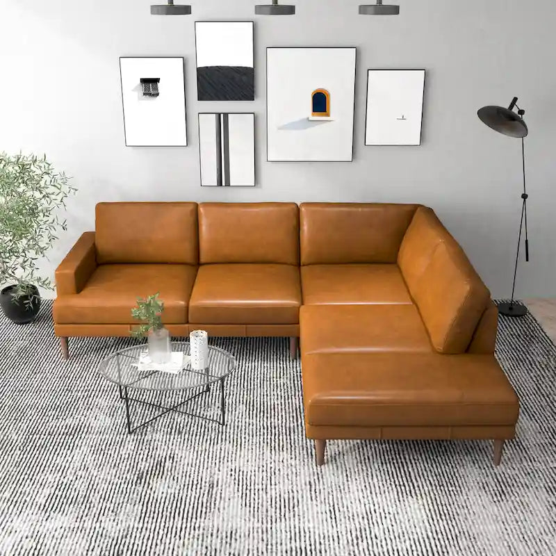 Mid-Century Modern Leather Corner Sectional Couch in Cognac Tan