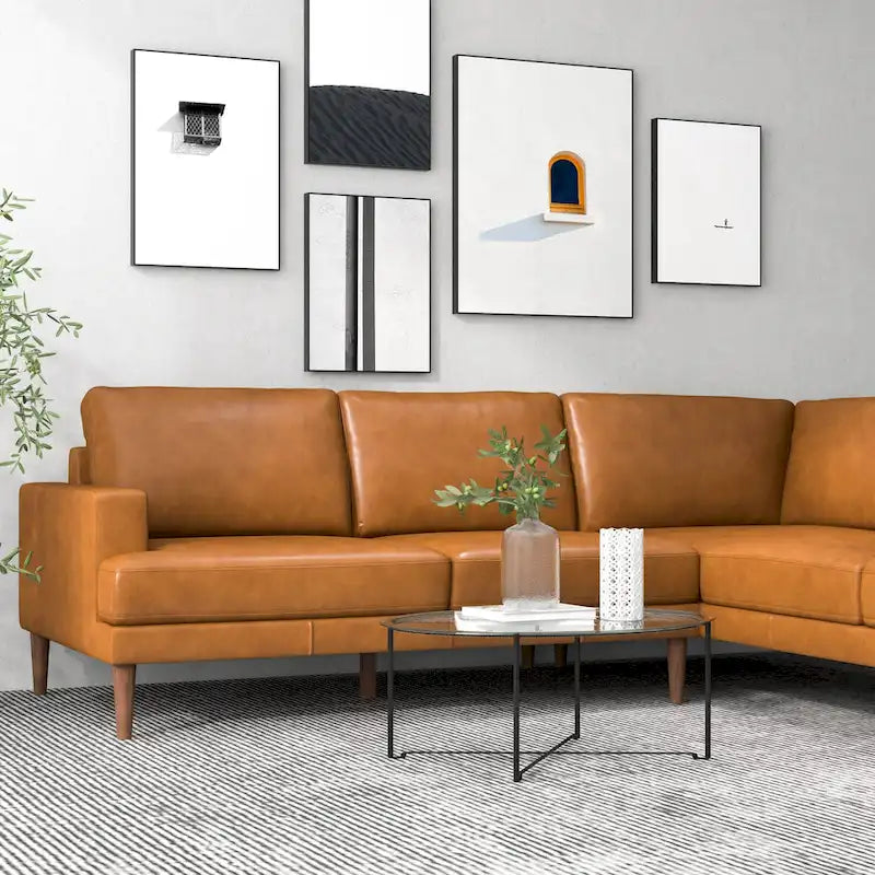 Mid-Century Modern Leather Corner Sectional Couch in Cognac Tan