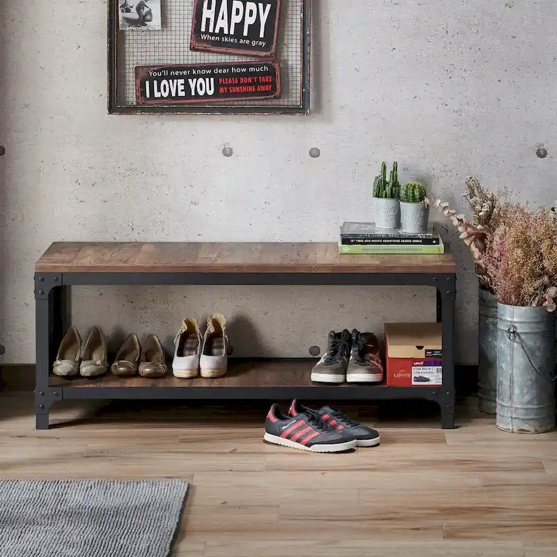 Rustic Farmhouse Reclaimed Oak Metal Storage Entryway Shoe Bench