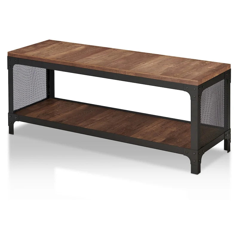 Rustic Farmhouse Reclaimed Oak Metal Storage Entryway Shoe Bench