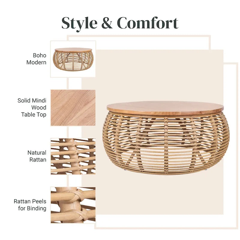 Runder Couchtisch aus Rattan mit natürlicher Honig-Optik im Küstenstil