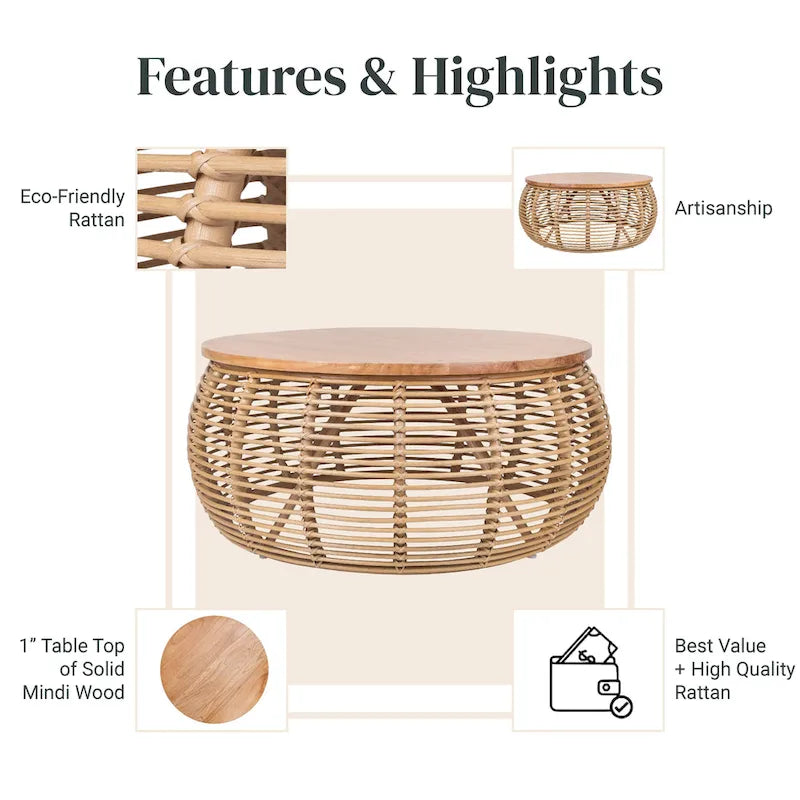 Round Rattan Coffee Table with Natural Honey Finish Coastal Style