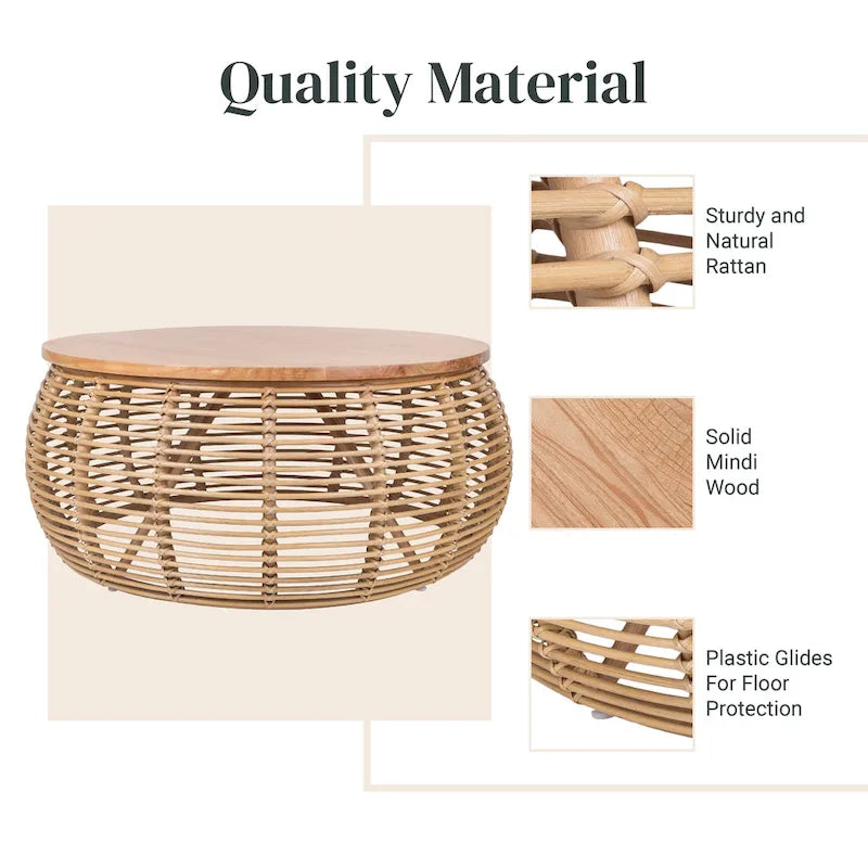 Round Rattan Coffee Table with Natural Honey Finish Coastal Style