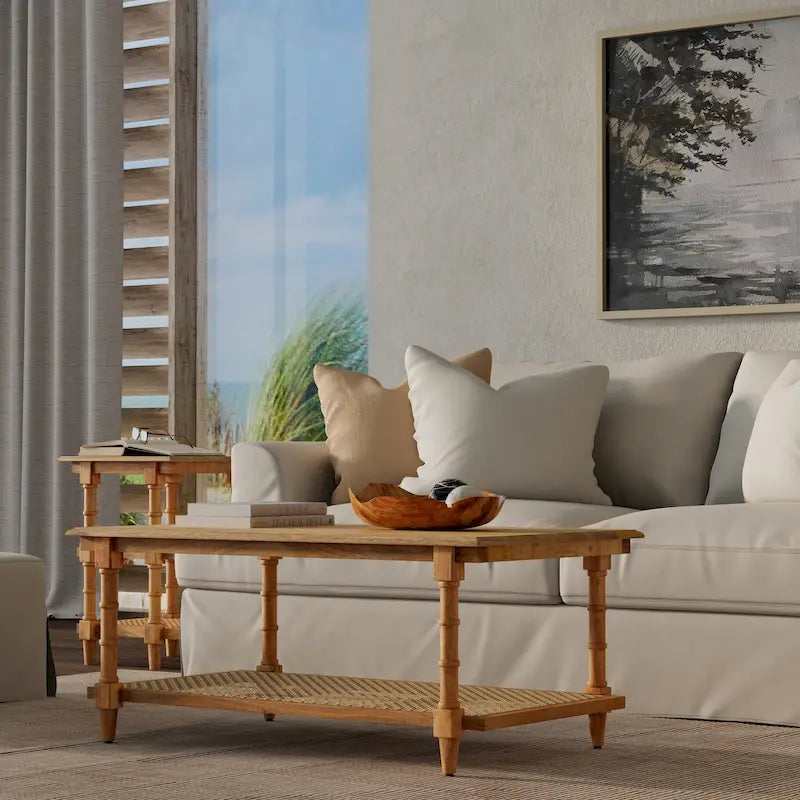 Handcrafted Mango Wood and Cane Coffee Table with Turned Legs - Whitewash