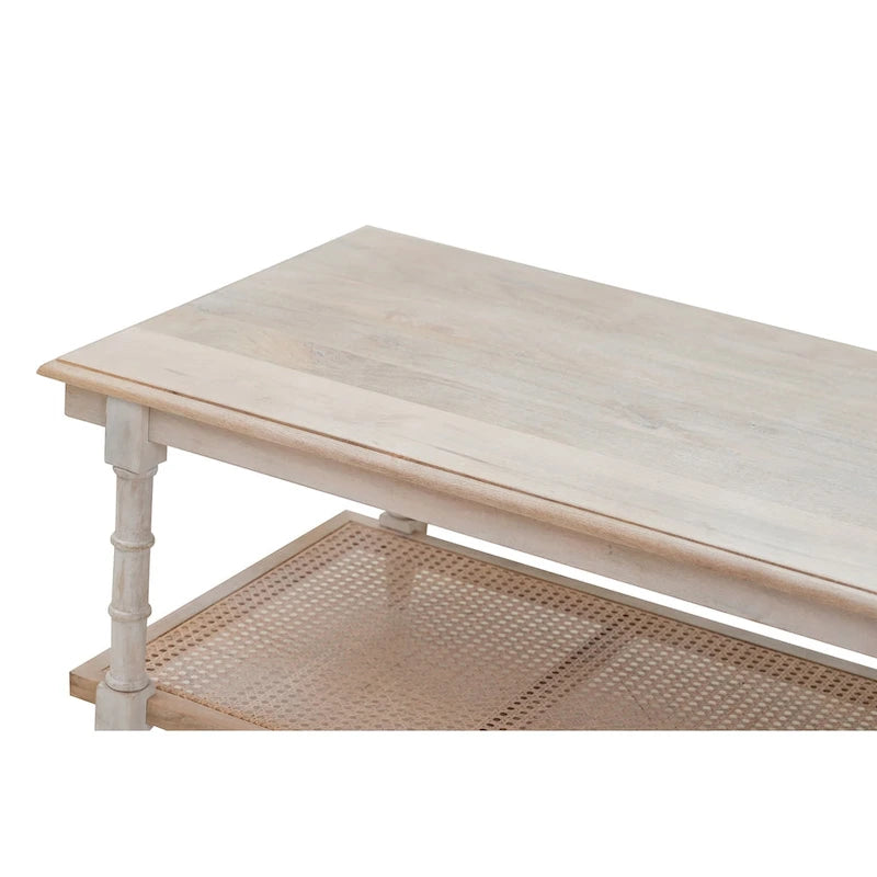 Handcrafted Mango Wood and Cane Coffee Table with Turned Legs - Whitewash