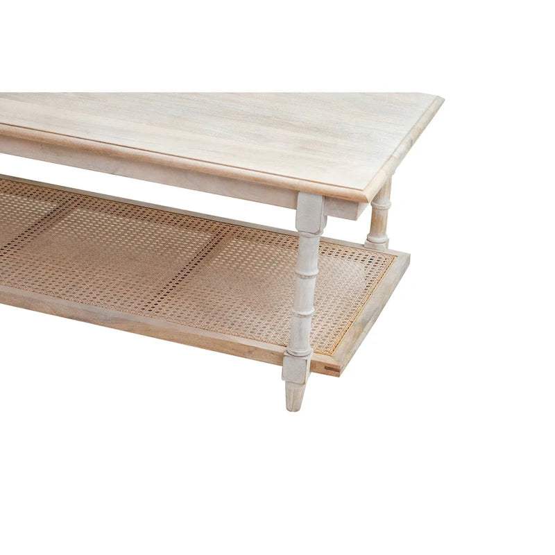 Handcrafted Mango Wood and Cane Coffee Table with Turned Legs - Whitewash