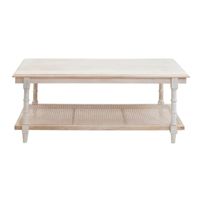 Handcrafted Mango Wood and Cane Coffee Table with Turned Legs - Whitewash