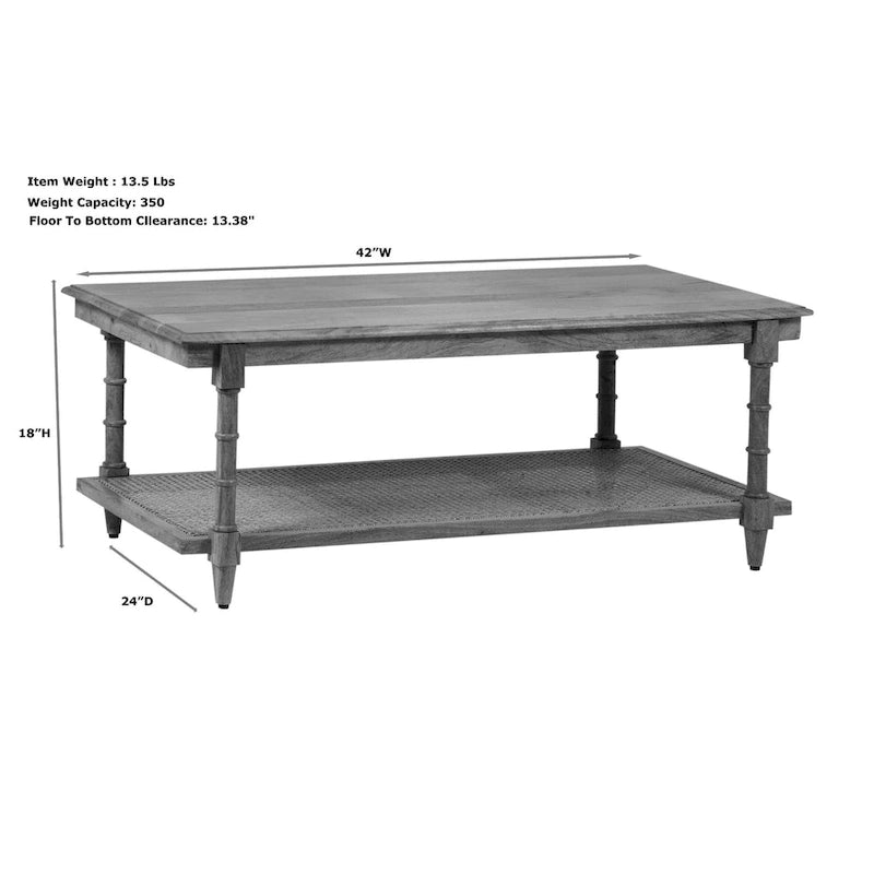 Handcrafted Mango Wood and Cane Coffee Table with Turned Legs - Whitewash