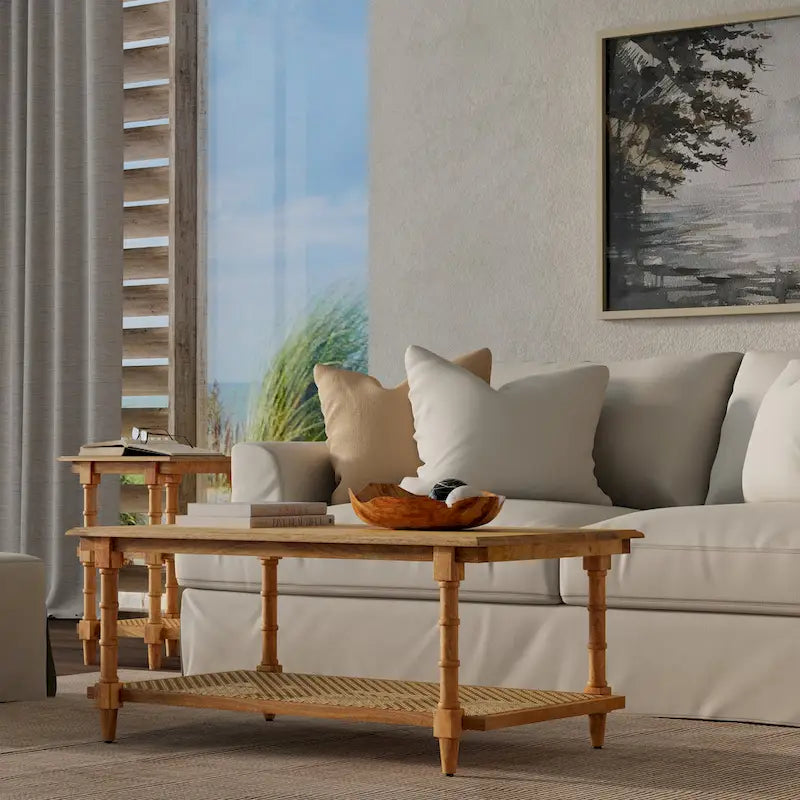 Handcrafted Mango Wood and Cane Coffee Table with Turned Legs - Whitewash