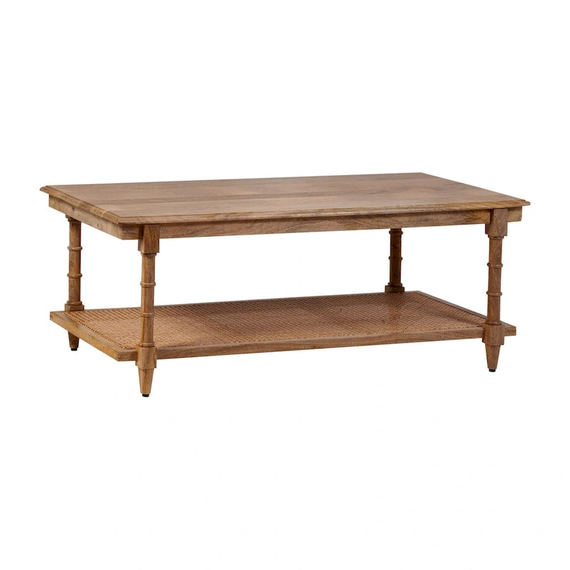 Handcrafted Mango Wood and Cane Coffee Table with Turned Legs - Whitewash