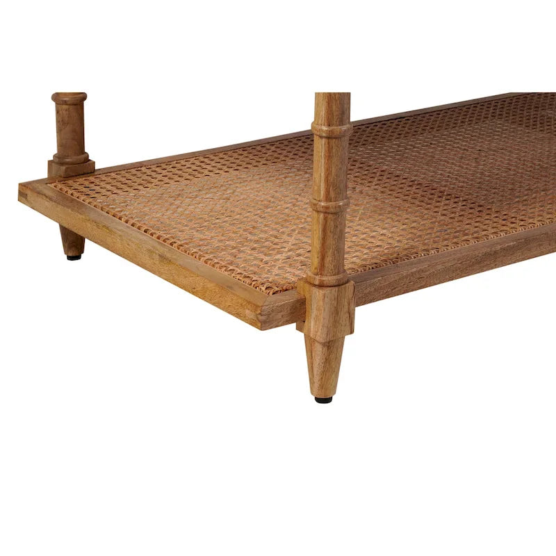 Handcrafted Mango Wood and Cane Coffee Table with Turned Legs - Whitewash