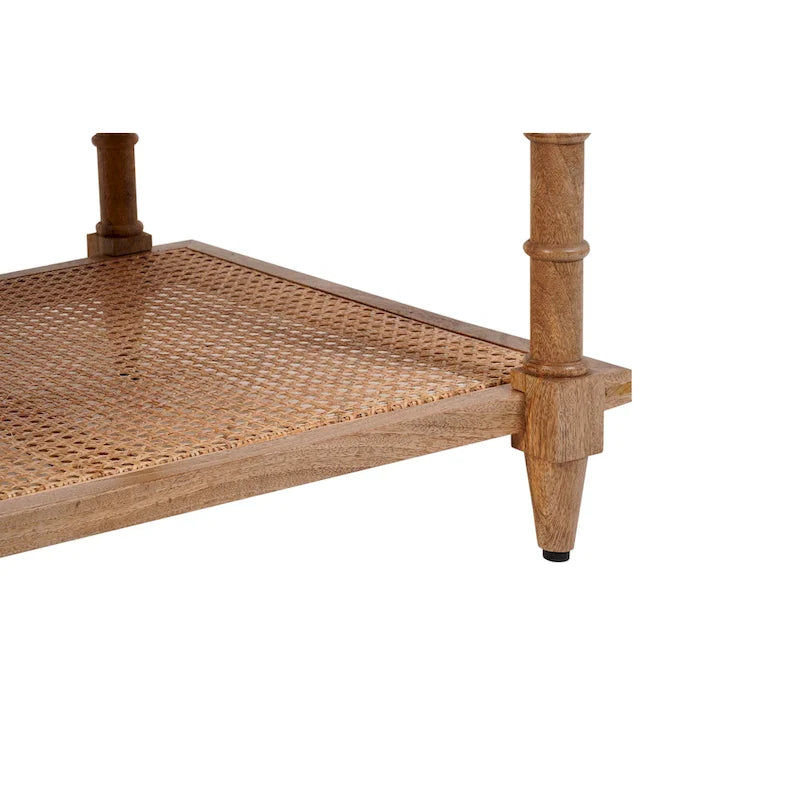 Handcrafted Mango Wood and Cane Coffee Table with Turned Legs - Whitewash