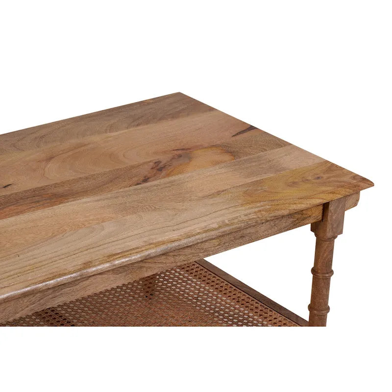 Handcrafted Mango Wood and Cane Coffee Table with Turned Legs - Whitewash