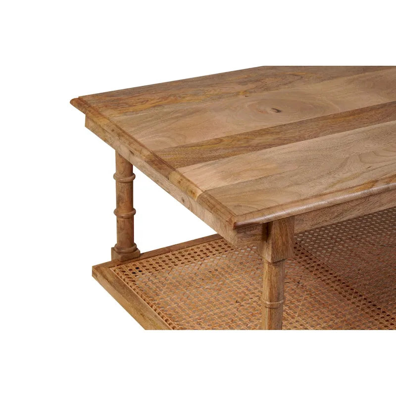 Handcrafted Mango Wood and Cane Coffee Table with Turned Legs - Whitewash