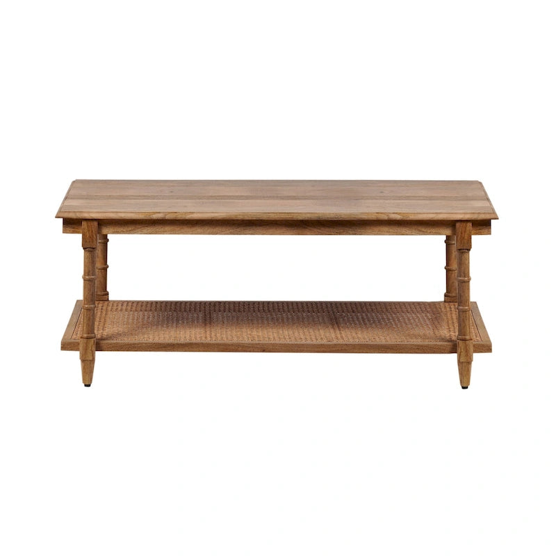 Handcrafted Mango Wood and Cane Coffee Table with Turned Legs - Whitewash