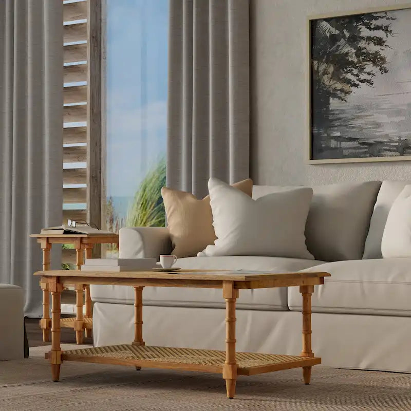 Handcrafted Mango Wood and Cane Coffee Table with Turned Legs - Whitewash