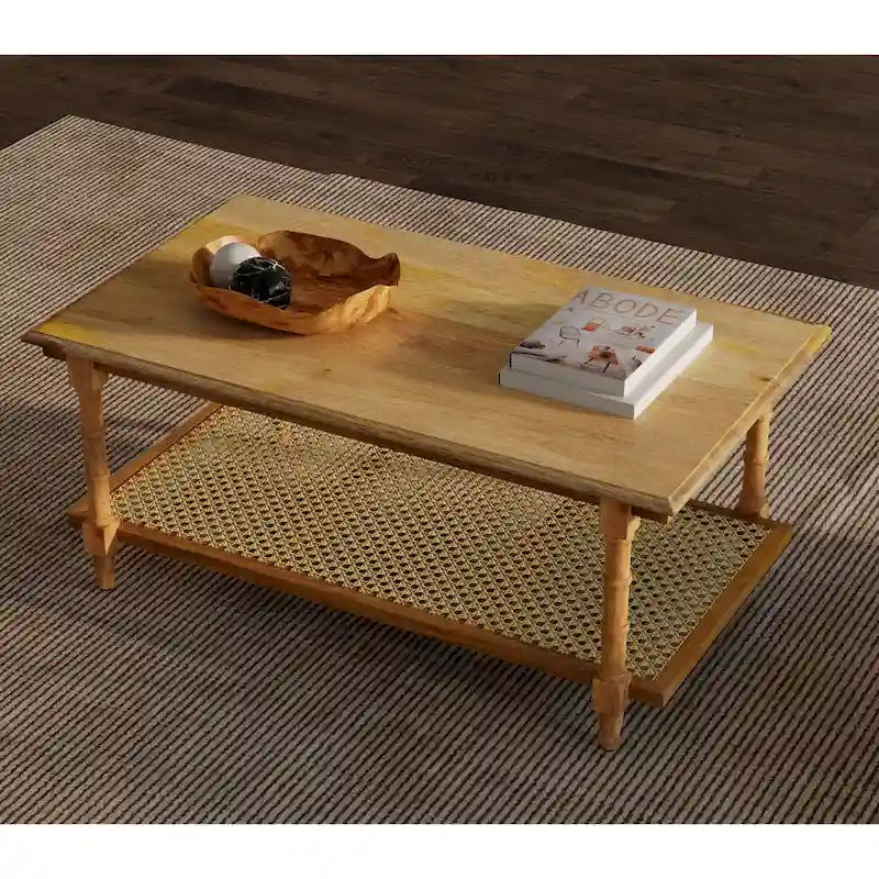 Handcrafted Mango Wood and Cane Coffee Table with Turned Legs - Whitewash