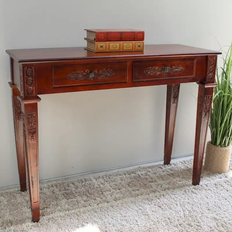 Carved Console Table with 2 Drawers Classic Wood Entryway Accent Furniture